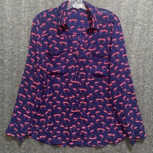 Express The Portofino Shirt Womens L Blue Pink Flamingo Print Roll Tab Office